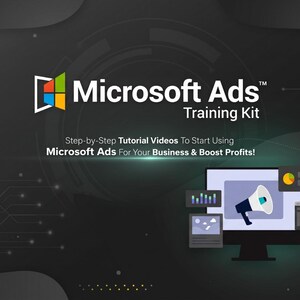 May include: A digital training kit for Microsoft Ads featuring a dark background with abstract geometric lines and circles. The text reads Microsoft Ads Training Kit, Step-by-Step Tutorial Videos To Start Using Microsoft Ads For Your Business & Boost Profits, with a computer monitor displaying a megaphone icon and data charts.