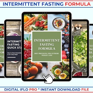 Może przedstawiać: Okładka cyfrowej książki elektronicznej z zielonym tłem i tekstem "Intermittent Fasting Formula" w kolorze białym. Okładka zawiera zdjęcia różnych owoców i warzyw, w tym truskawek, jagód, pomidorów i marchwi. Tekst "Protokoł diety dla ekstremalnej utraty wagi" jest również widoczny na okładce.