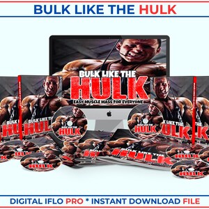 May include: A digital product bundle titled Bulk Like The Hulk, featuring a computer monitor displaying the title, multiple physical-style DVD cases, and several circular discs, all showcasing a muscular person and the text Bulk Like The Hulk.