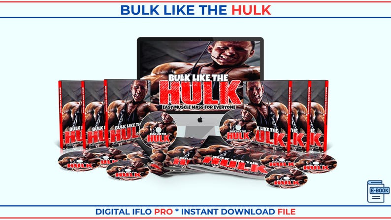May include: A digital product bundle titled Bulk Like The Hulk, featuring a computer monitor displaying the title, multiple physical-style DVD cases, and several circular discs, all showcasing a muscular person and the text Bulk Like The Hulk.