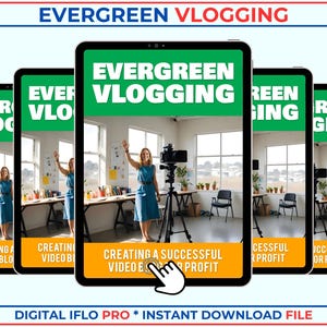 Könnte beinhalten: Ein digitales E-Book-Cover mit grünem Hintergrund und dem Text "Evergreen Vlogging: Ein erfolgreiches Videogeschäft für Profit aufbauen". Das Cover zeigt eine Frau, die in einem hellen Raum ein Video aufnimmt.