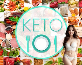 Può includere: Un collage di vari alimenti tra cui carne, verdure, uova e pesce che circondano una grafica centrale con il testo KETO 101, un piatto bianco, una forchetta e un coltello color turchese, accanto a una donna in biancheria intima bianca.