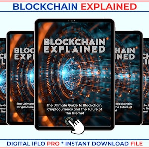 Op de afbeelding: Een digitale ebook-omslag met een abstract ontwerp in blauw, oranje en zwart. De titel is "Blockchain Explained: The Ultimate Guide to Blockchain, Cryptocurrency and The Future of The Internet".