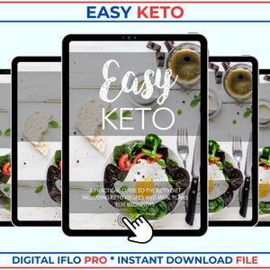 Op de afbeelding: Een digitale ebook-omslag met de titel "Easy Keto" in witte tekst op een zwarte achtergrond. De omslag toont een foto van een keto-vriendelijke maaltijd met eieren, groenten en kaas. Het ebook is beschikbaar voor directe download.
