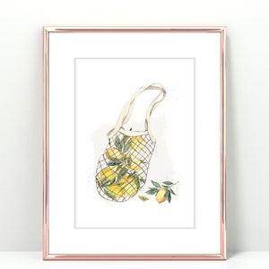 Zitronen in Beutel Wandkunst | Zitronennetz Druck | Zitrus Illustration | Poster für die Küche Gelb | Obst Food Kunst | TynkaPrints | Digitaler Download