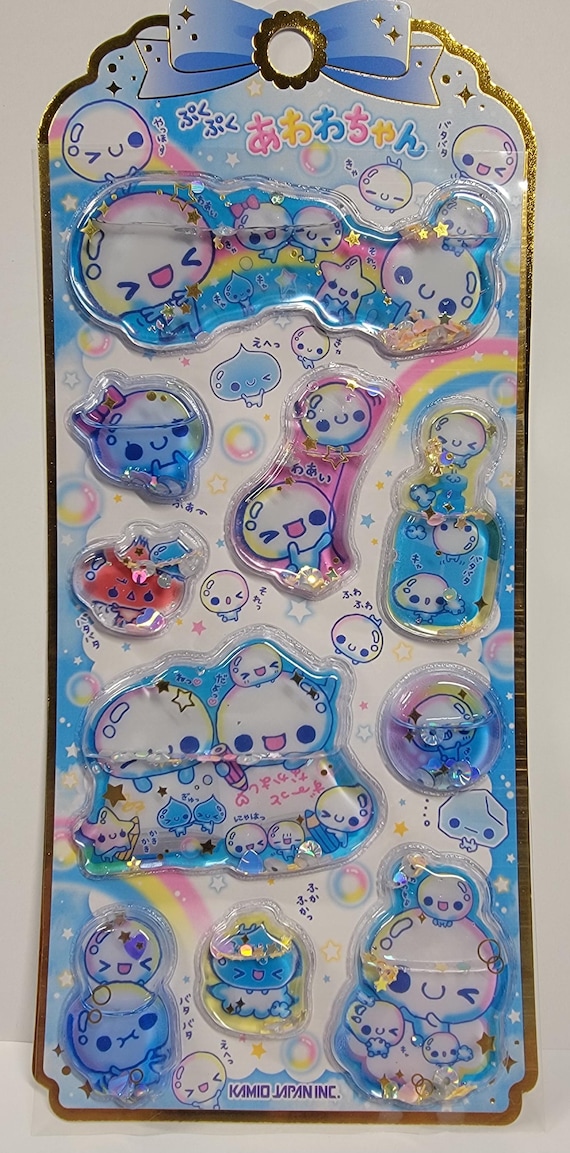 3D puffy liquid glitter filled sticker sheet by Kamio Japan Inc. Featuring Vintage Japanese "Awawa-chan" character Retro/Heisei themed New