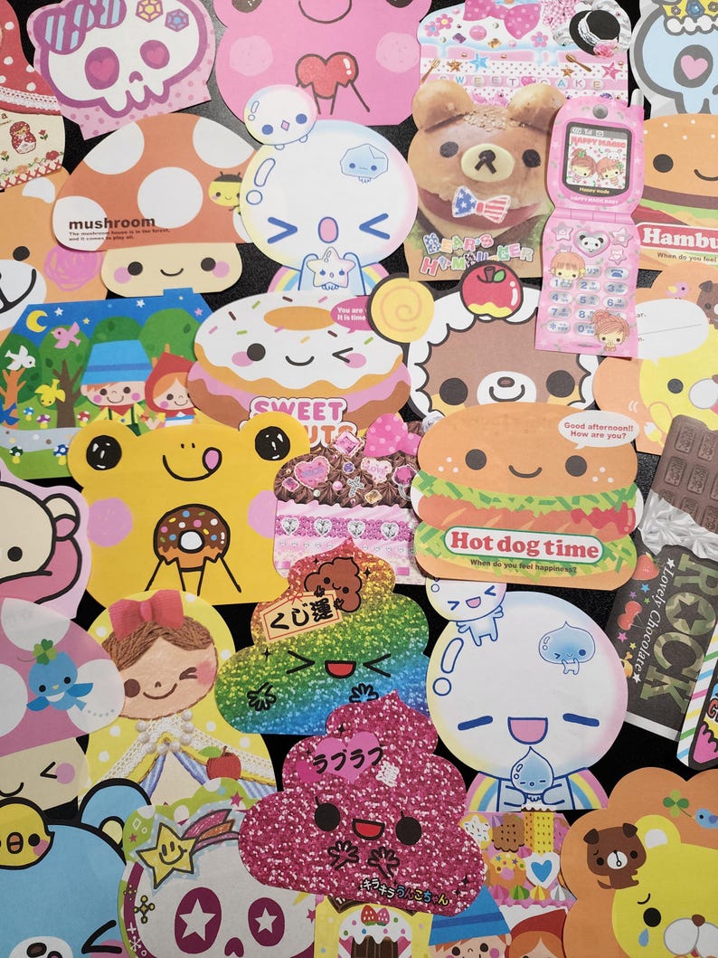May include: A collection of colorful, cartoon-themed stickers featuring various characters, food, and objects. The stickers are decorated with glitter, hearts, and other embellishments. Some of the stickers have Japanese text, including "mushroom", "sweet", "hot dog time", "くじ運" (lucky charm), and "ラブラブ" (love love).