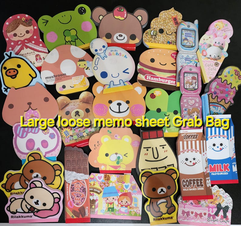May include: A grab bag of colorful memo sheets featuring various cartoon characters, including a mushroom, a hamburger, a frog, a bear, and a cat. The bag includes a variety of themes, such as food, animals, and holidays. The memo sheets are perfect for adding a touch of fun to your notes, lists, and reminders.