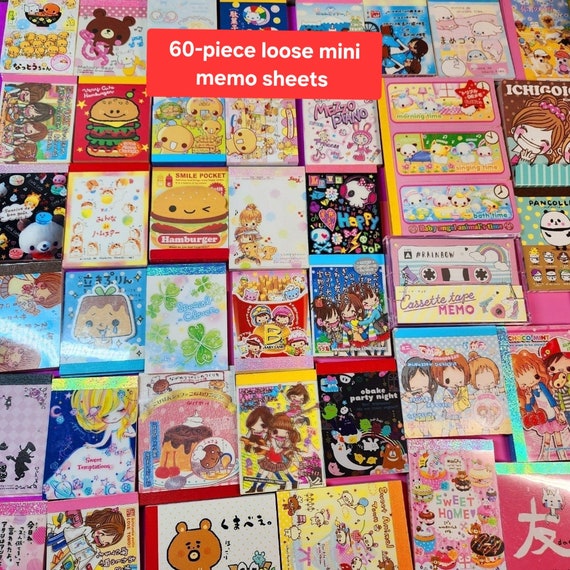 60-Piece kawaii loose mini memo sheet Grab Bag. Vintage/Rare/HTF Japanese brands Q-lia,Kamio,Crux,San-x,Pool Cool &more !