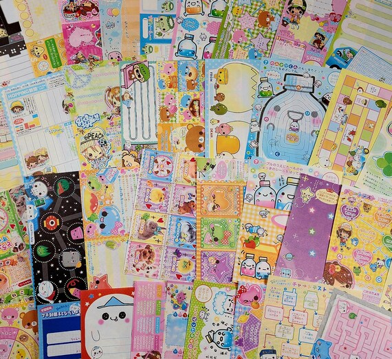 35-Piece Kawaii "Cut-outs, Games, Puzzles & Quizzes " themed loose memo sheets, All Vintage/Rare/HTF Japanese brands-Q-lia, Kamio, and Crux