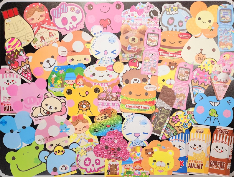 May include: A collection of colorful, cartoon-style stickers featuring various characters, animals, and food items. The stickers are arranged on a black background and include phrases like "mushroom", "sweet", "hamburger", "hot dog time", and "Rilakk".