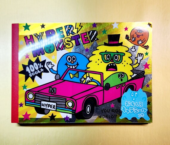 HTF Japanese memo pad "Hyper Monter" by Kamio Japan. 6 designs, 142 pages, 1 large sticker sheet. Retro Y2k Vintage