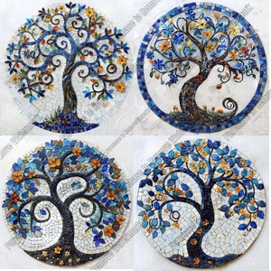 May include: Four circular mosaic art pieces depicting stylised trees with blue, orange, and white tiles. The trees have a swirling, organic design and are set against a white background.