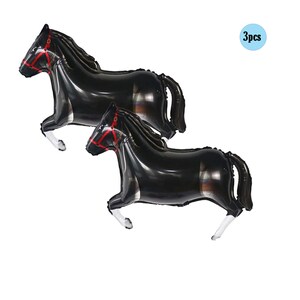 May include: Three black inflatable horse balloons with red bridles. The balloons are ready to be inflated.