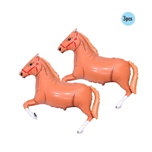 May include: Two brown horse-shaped balloons with red bridles and white hooves are shown against a white backdrop. The balloons are inflated and appear to be in motion. A small blue circle with the text "3pcs" is in the upper right corner.