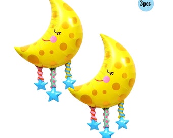 3 pcs Moon Balloon 3 ft Balloons | Moon Stars Balloon 3 pcs pack Decor Bouquet Twinkle Two the Moon Outer Space Birthday Party Decorations