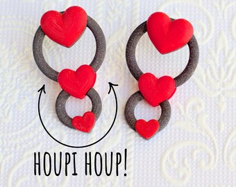 Valentine's Earrings, Swinging Love Trio: 3D Printed Valentine Heart Earrings, Valentine gift
