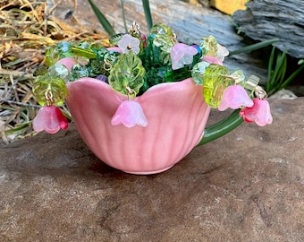 Fairy Garden Tulip Teacup Planter Suncatcher  with Beaded Floral – Whimsical Cottagecore Decor|