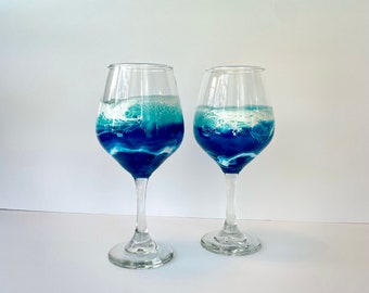 Pair of Ocean Inspired Stemmed Wine Glasses with Hand Painted Resin