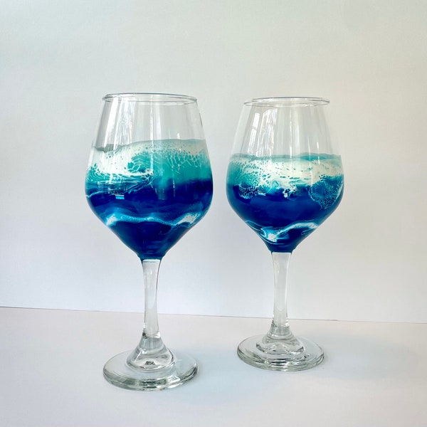 Pair of Ocean Inspired Stemmed Wine Glasses with Hand Painted Resin