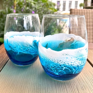 Set of 2 Handcrafted Ocean-Inspired Resin Waves Wine Glasses - Elevate your sipping experience with these artisan wine glasses featuring stunning ocean-inspired resin waves. Expertly handcrafted in Charleston, SC. Unique Coastal Drinkware, Gift Idea