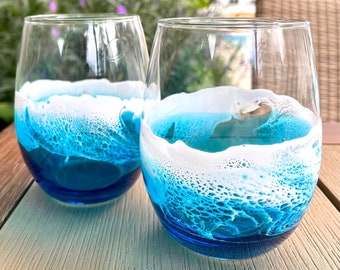 Pair Of Ocean Inspired Wine Glasses with Hand Poured Resin Waves