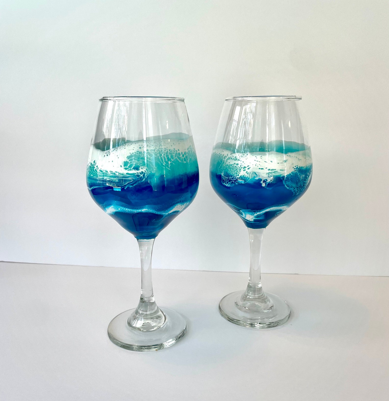Pair of Ocean Inspired Stemmed Wine Glasses With Hand Painted Resin - Etsy
