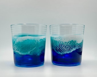 Pair Of Ocean Inspired Whiskey Glasses with Hand Poured Resin Waves