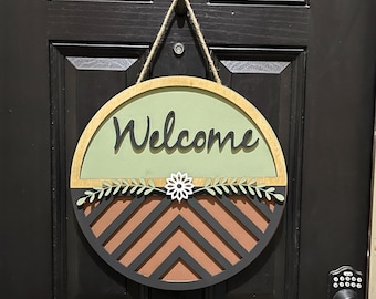 Welcome sign door hanger wood round front door decor, 3D letter Welcome sign, housewarming gift, personalized sign, customizable sign