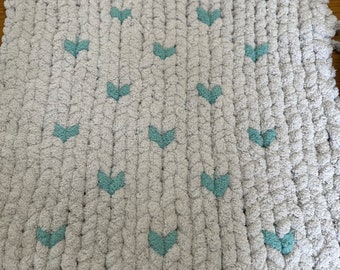 Baby Blanket With Hearts | Baby Boy Blanket | Baby Girl | Hand Knit Blanket | Chunky Blanket | New Baby Gift