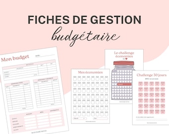 Peut inclure: Trois feuilles de suivi budgétaire imprimables en français. La première page est intitulée "Mon budget" et comporte des sections pour les revenus, les dépenses fixes et les dépenses variables. La deuxième page est intitulée "Mes économies" et comporte une grille de 49 bocaux pour suivre les économies. La troisième page est intitulée "Le challenge économies" et comporte un bocal avec des cœurs pour suivre les économies avec un défi de 400 euros en 30 jours.