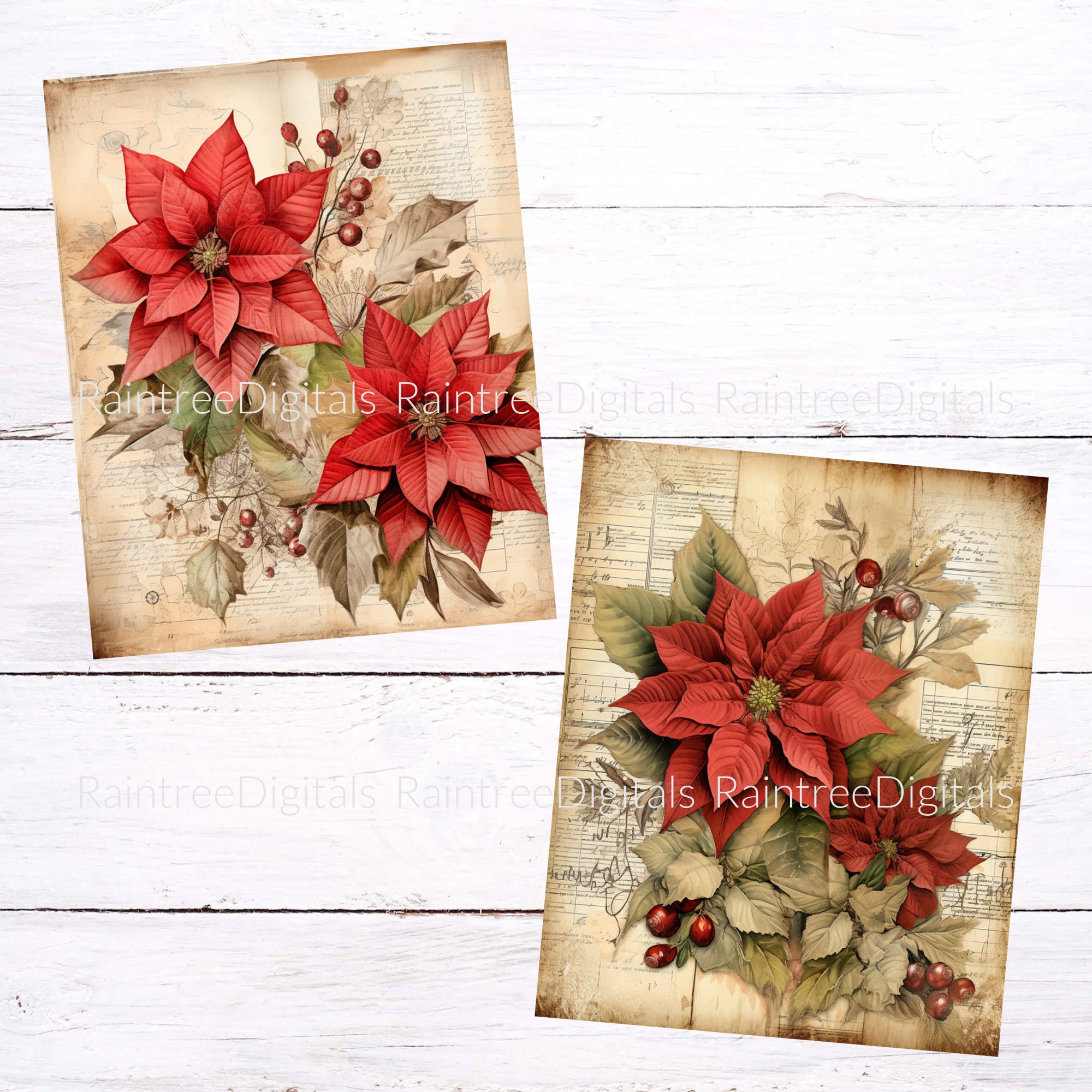 Printable Poinsettias Digital Paper Distressed Vintage Ephemera JPG ...