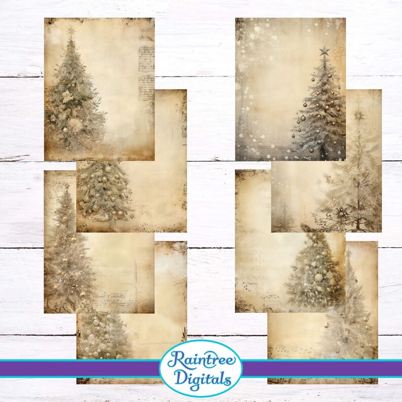 Printable Beige Christmas Tree Digital Paper Distressed Ephemera JPG ...