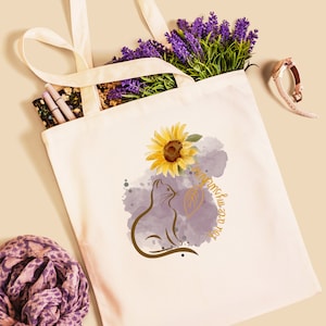 Cat Sunflower Tote Bag, Cat Tote Bag, Cat Lover Tote Bag, Sunflower Tote Bag, Flower Tote Bag, Floral Tote Bag