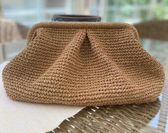 Crochet Raffia Bag,Eco-friendly Clutch Bag, Crochet Raffia Pouch Clutch Bag ,Knitted Woven Bag,Wicker Beach Cutch Bag,Handmade Gift