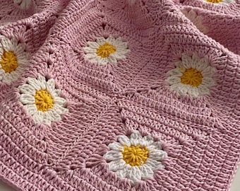 Pink Crochet Cotton Daisy Flower Baby Throw,Pink Newborn Baby Blanket,Babyshower Gift,Nursery Decor,