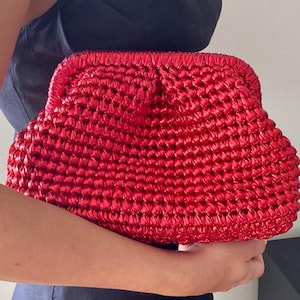 Handmade Metallic Red Raffia Clutch: Crochet Evening Bag