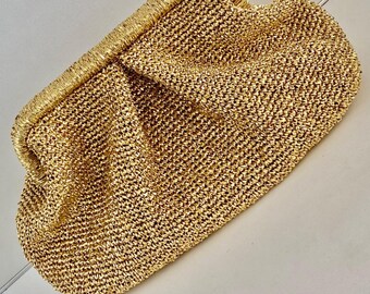Raffia Crochet Bag I Evening Knitting Metallic Pouch Bag I Crochet Evening Clutch I Gold Evening Hand bag I Bridal Wedding Clutch