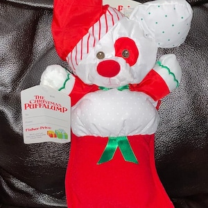 Vintage 1991 Fisher Price Puffalumps Christmas Puppy Puffalump in Red Christmas Stocking in Original Packaging