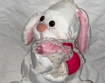 Vintage 1988 Fisher Price Puffalumps Valentine’s Day White Bunny Rabbit Holding Heart Pillows