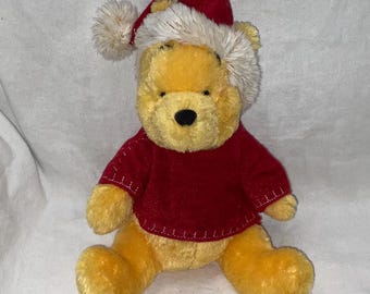 Disney 13” Plush Christmas Winnie the Pooh Wearing Red Shirt and Matching Santa Hat