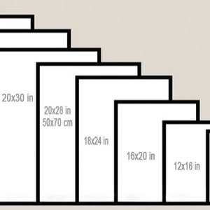 May include: A chart showing different sizes of prints available, ranging from 8x10 inches to 30x40 inches. The chart is labelled with the dimensions of each print in inches.
