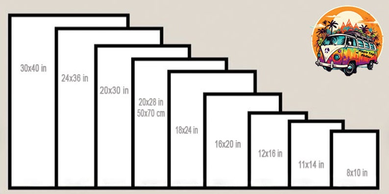May include: A chart showing different sizes of prints available, ranging from 8x10 inches to 30x40 inches. The chart is labelled with the dimensions of each print in inches.