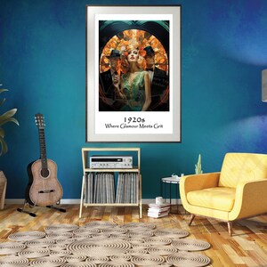 May include: A framed poster featuring a vintage illustration of three people in a glamorous setting. The poster has the text "1920s Where Glamour Meets Grit".