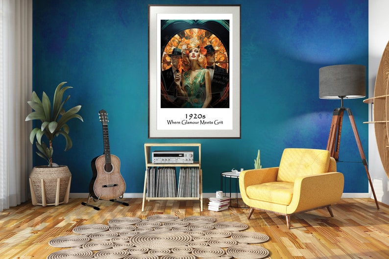 May include: A framed poster featuring a vintage illustration of three people in a glamorous setting. The poster has the text "1920s Where Glamour Meets Grit".