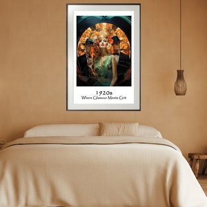 May include: A framed poster featuring a vintage illustration of three people in 1920s attire. The poster has the text "1920s Where Glamour Meets Grit".