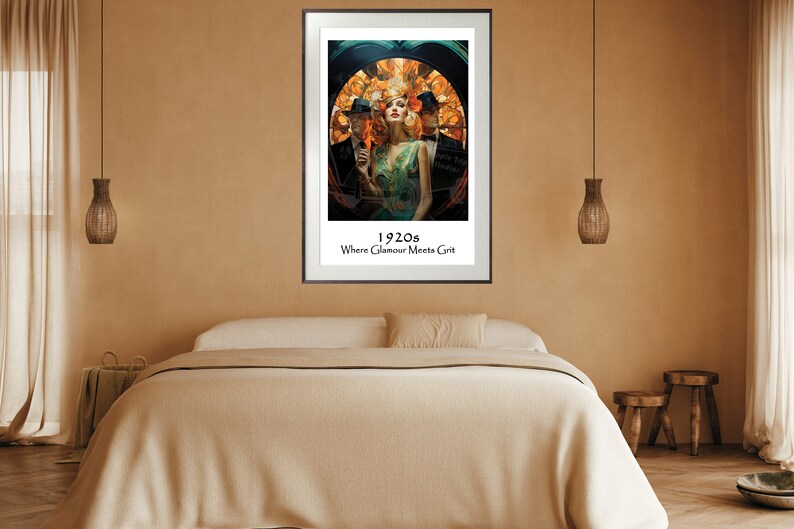 May include: A framed poster featuring a vintage illustration of three people in 1920s attire. The poster has the text "1920s Where Glamour Meets Grit".