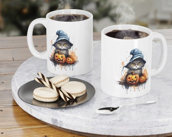 Halloween Grey Cat with Witch Hat Ceramic Mugs (11oz\15oz\20oz)