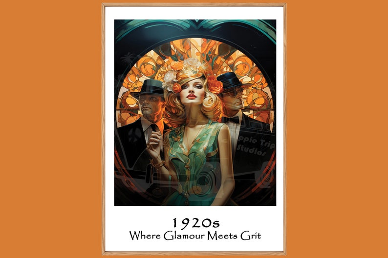 May include: A vintage-style illustration of a woman in a green dress and a flower crown, flanked by two men in suits and fedoras. The background features a stained glass window with a circular design. The text "1920s Where Glamour Meets Grit" is at the bottom of the image.