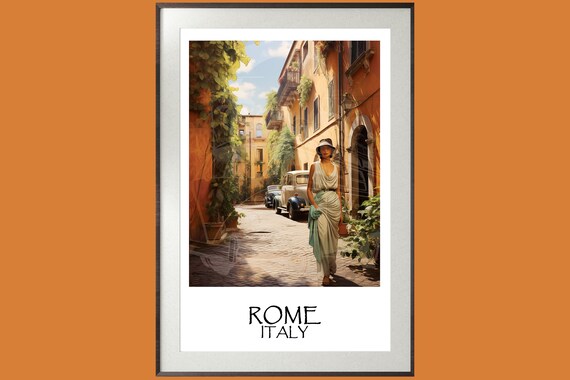 Woman with Two Vintage Cars | Unique Travel poster | Rome, Italy | 1920s Art Deco Wall Art | Retro Wall Art